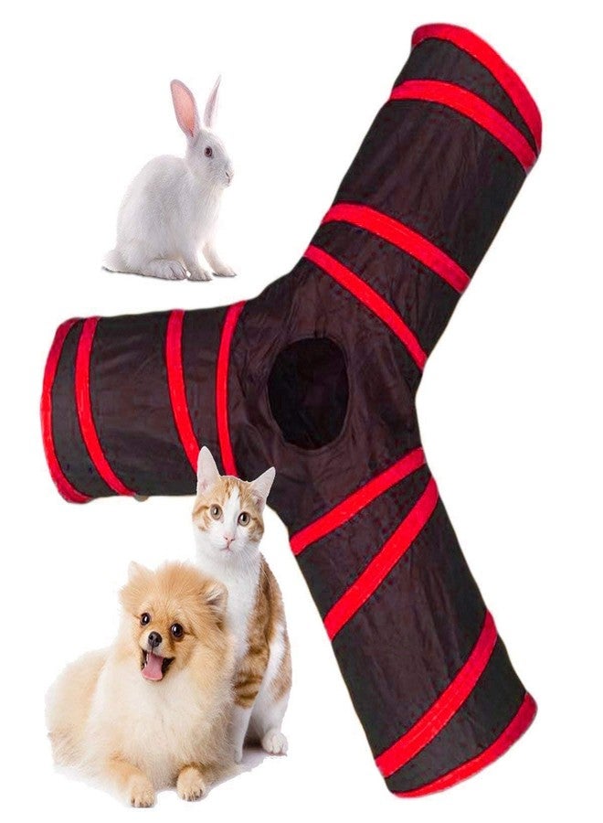 ويستيرن إرا لعبة نفق القطط من العصر الغربي، قابلة للطي بثلاث طرق للاستخدام الداخلي والخارجي، خفيفة الوزن، محمولة، نفق على شكل حرف T للاختباء، لعبة كرة معلقة للقطط والأرانب وخنازير غينيا (أحمر) - Image 1